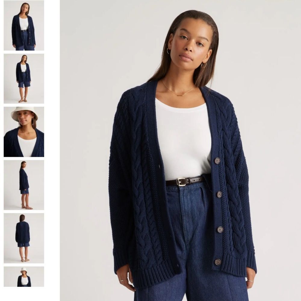 Quince Navy Blue Cable-Knit Oversized Cardigan Sweater 100% Organic Cotton XS